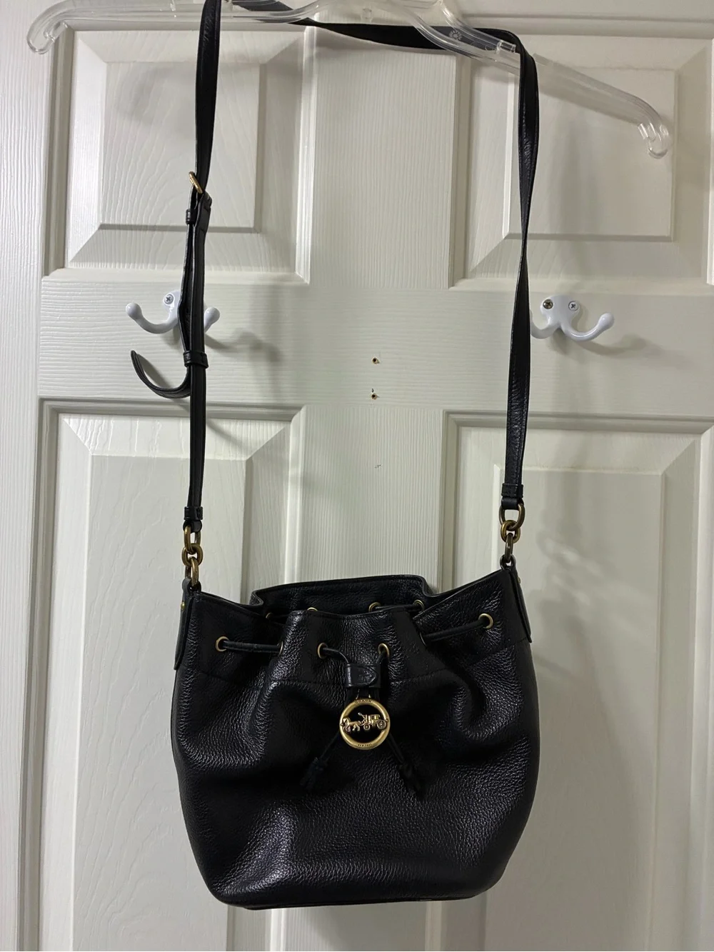 Coach Black Leather Drawstring Crossbody Bucket Bag with Gold Hardware